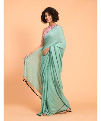 Suta Teal  Black stripes Solid Cotton Saree 5