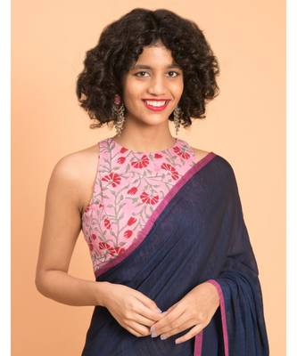 Suta Navy Blue Pink Solid Cotton stripes Saree 2