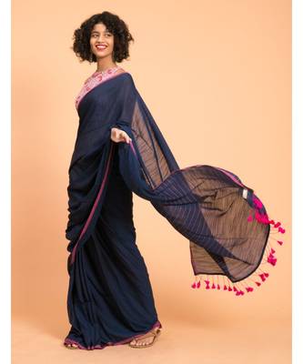 Suta Navy Blue Pink Solid Cotton stripes Saree 1