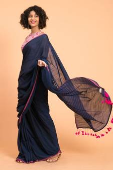 Suta Navy Blue Pink Solid Cotton stripes Saree