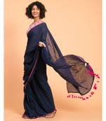 Suta Navy Blue Pink Solid Cotton stripes Saree