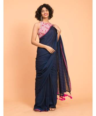 Suta Navy Blue Pink Solid Cotton stripes Saree 3