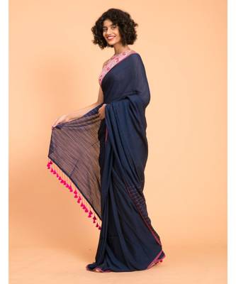 Suta Navy Blue Pink Solid Cotton stripes Saree 4