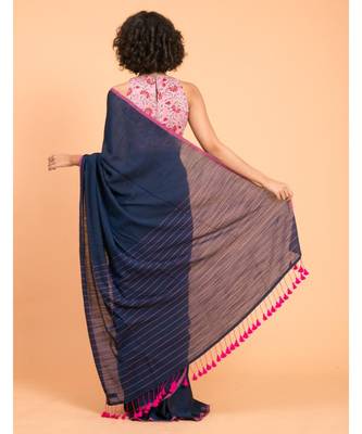 Suta Navy Blue Pink Solid Cotton stripes Saree 5
