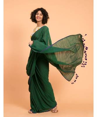 Suta Green Blue Solid Cotton stripes Saree 1