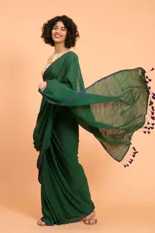Suta Green Blue Solid Cotton stripes Saree