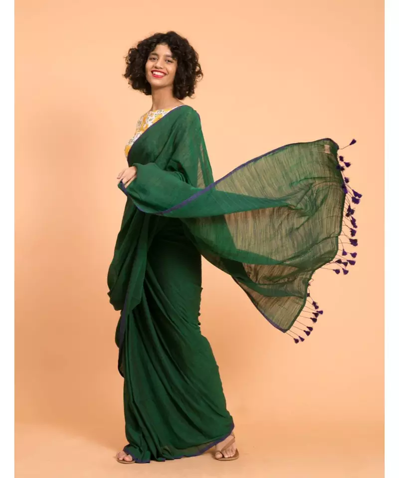 Suta Green Blue Solid Cotton stripes Saree
