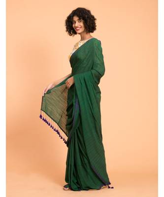 Suta Green Blue Solid Cotton stripes Saree 2