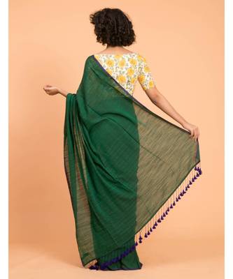 Suta Green Blue Solid Cotton stripes Saree 3