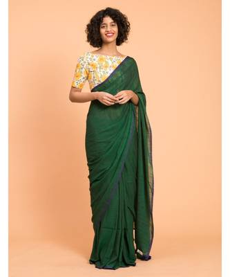 Suta Green Blue Solid Cotton stripes Saree 4