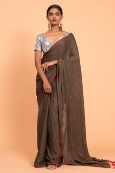 Suta Brown Red Solid Cotton stripes Saree
