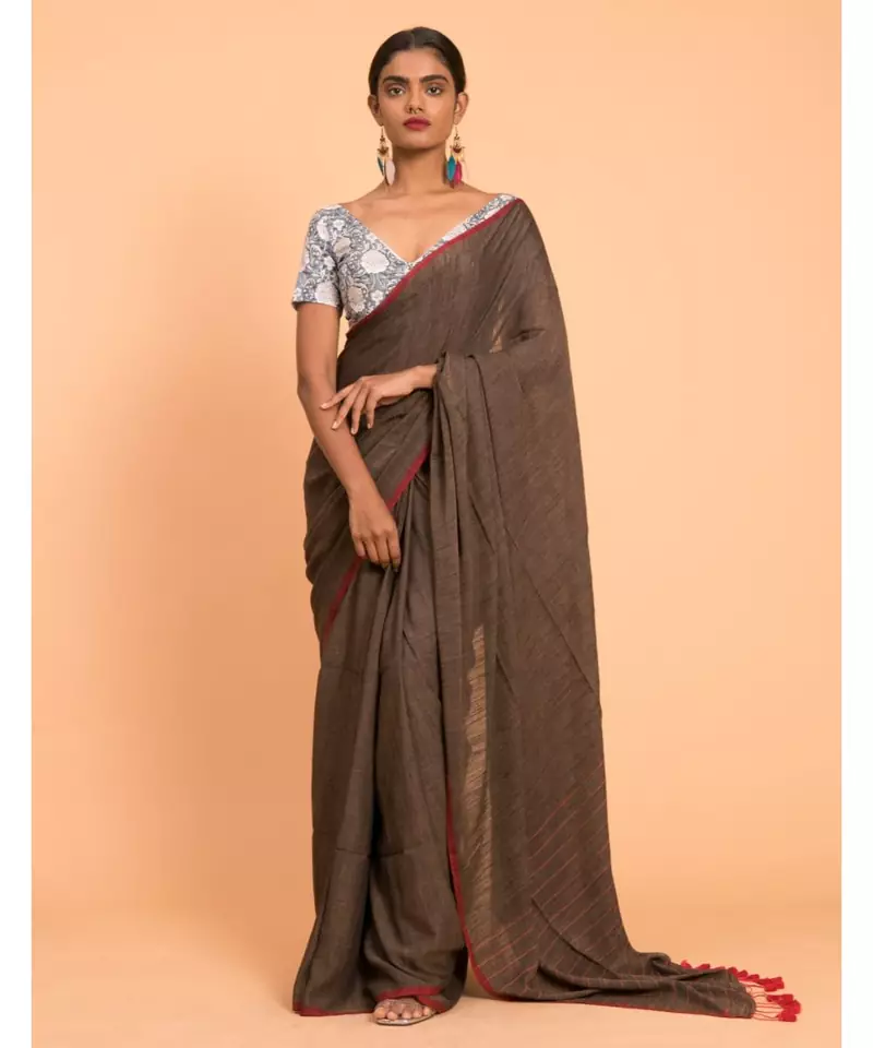 Suta Brown Red Solid Cotton stripes Saree