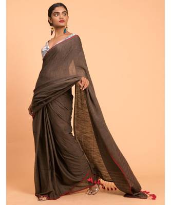 Suta Brown Red Solid Cotton stripes Saree 3