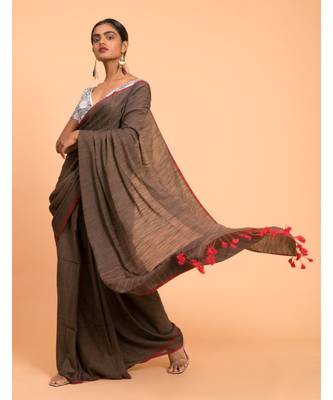 Suta Brown Red Solid Cotton stripes Saree 5