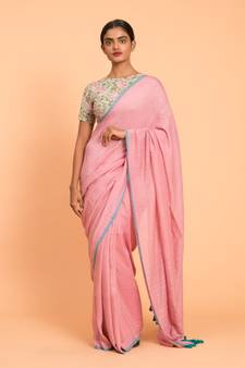 Suta Pink Turquoise Blue Solid Cotton stripes Saree
