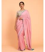 Suta Pink Turquoise Blue Solid Cotton stripes Saree