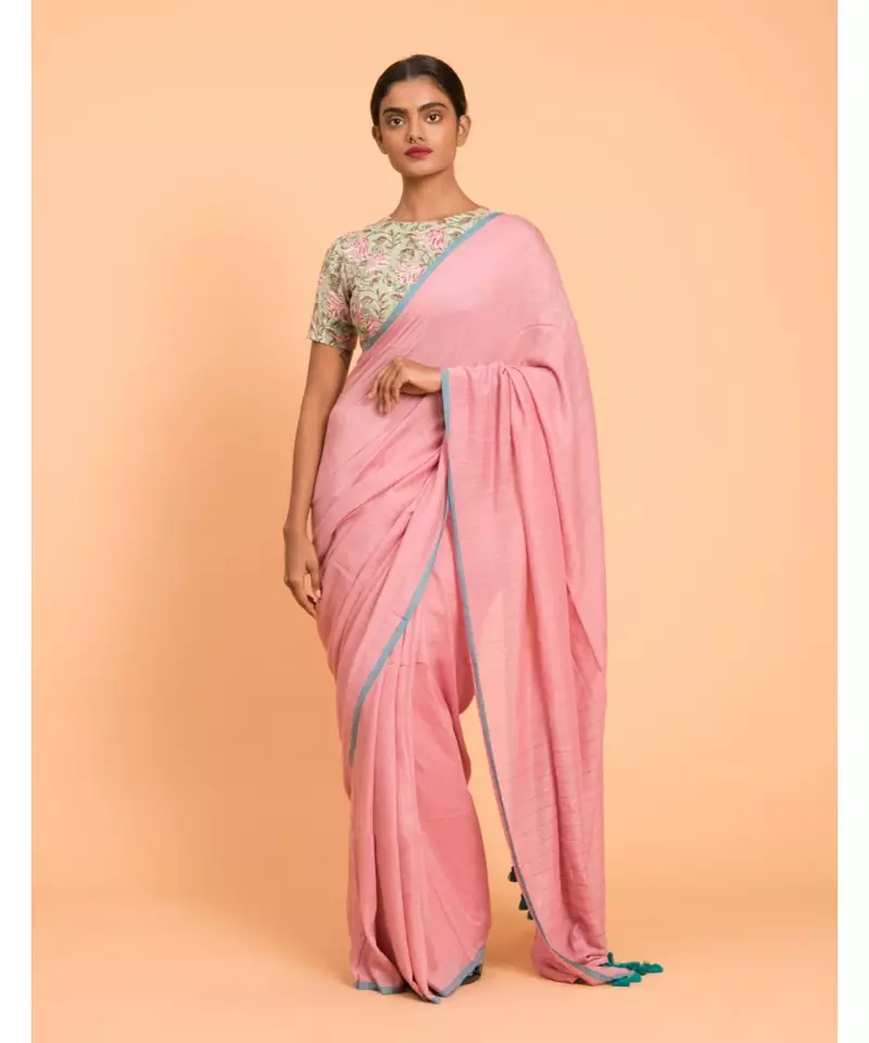 Suta Pink Turquoise Blue Solid Cotton stripes Saree