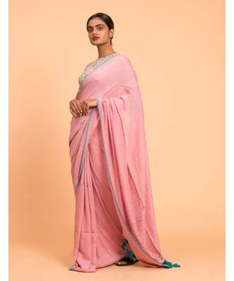 Suta Pink Turquoise Blue Solid Cotton stripes Saree 2