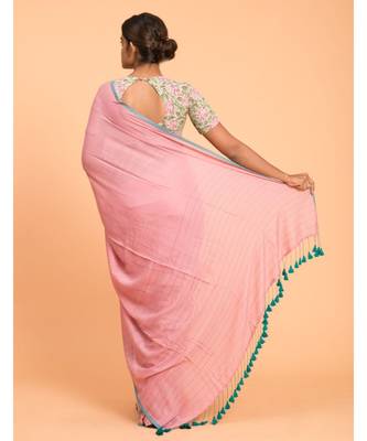 Suta Pink Turquoise Blue Solid Cotton stripes Saree 3