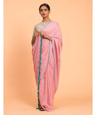 Suta Pink Turquoise Blue Solid Cotton stripes Saree 4