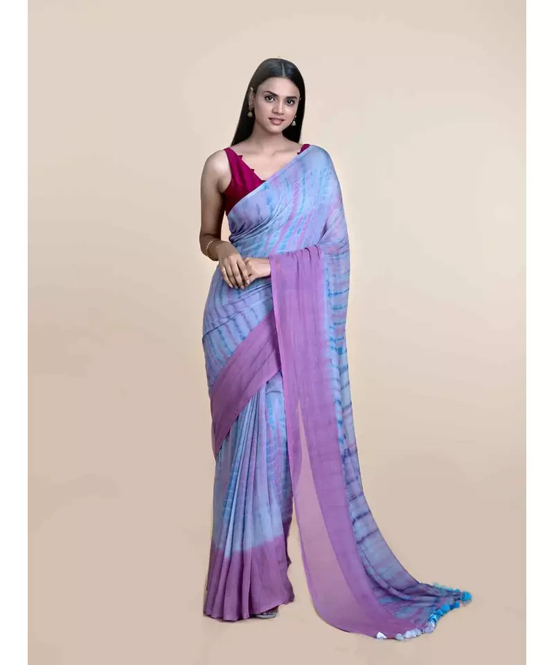 Pink And Sky Blue Hand Crafted Cotton Modal Saree
