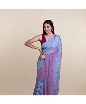 Pink And Sky Blue Hand Crafted Cotton Modal Saree 3