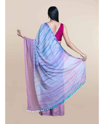 Pink And Sky Blue Hand Crafted Cotton Modal Saree 4