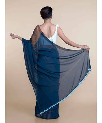 Brown And Blue Hand Crafted Cotton Modal Saree 2