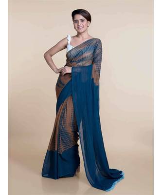 Brown And Blue Hand Crafted Cotton Modal Saree 1