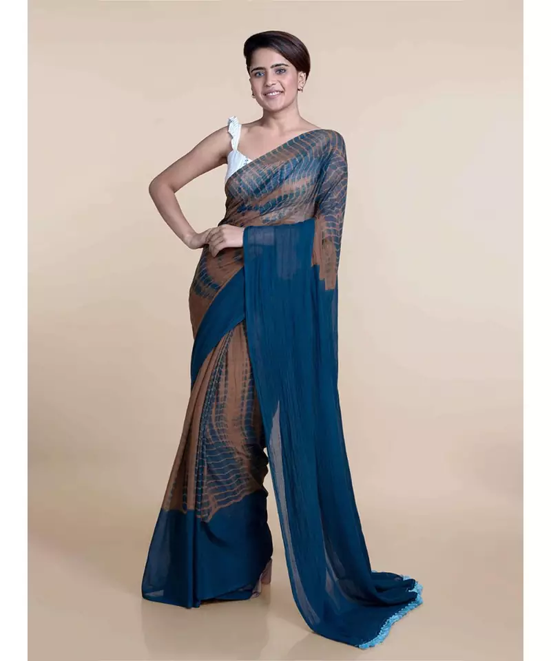 Brown And Blue Hand Crafted Cotton Modal Saree