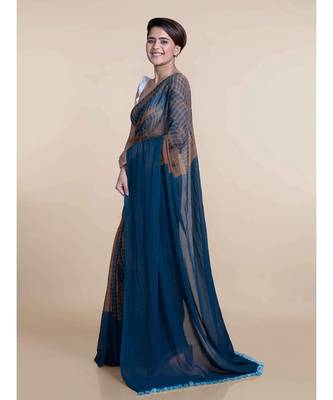 Brown And Blue Hand Crafted Cotton Modal Saree 3