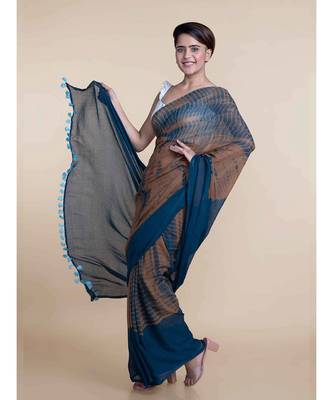 Brown And Blue Hand Crafted Cotton Modal Saree 4