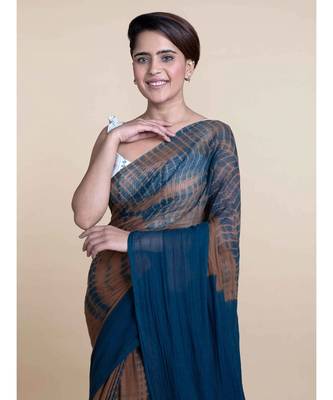 Brown And Blue Hand Crafted Cotton Modal Saree 5