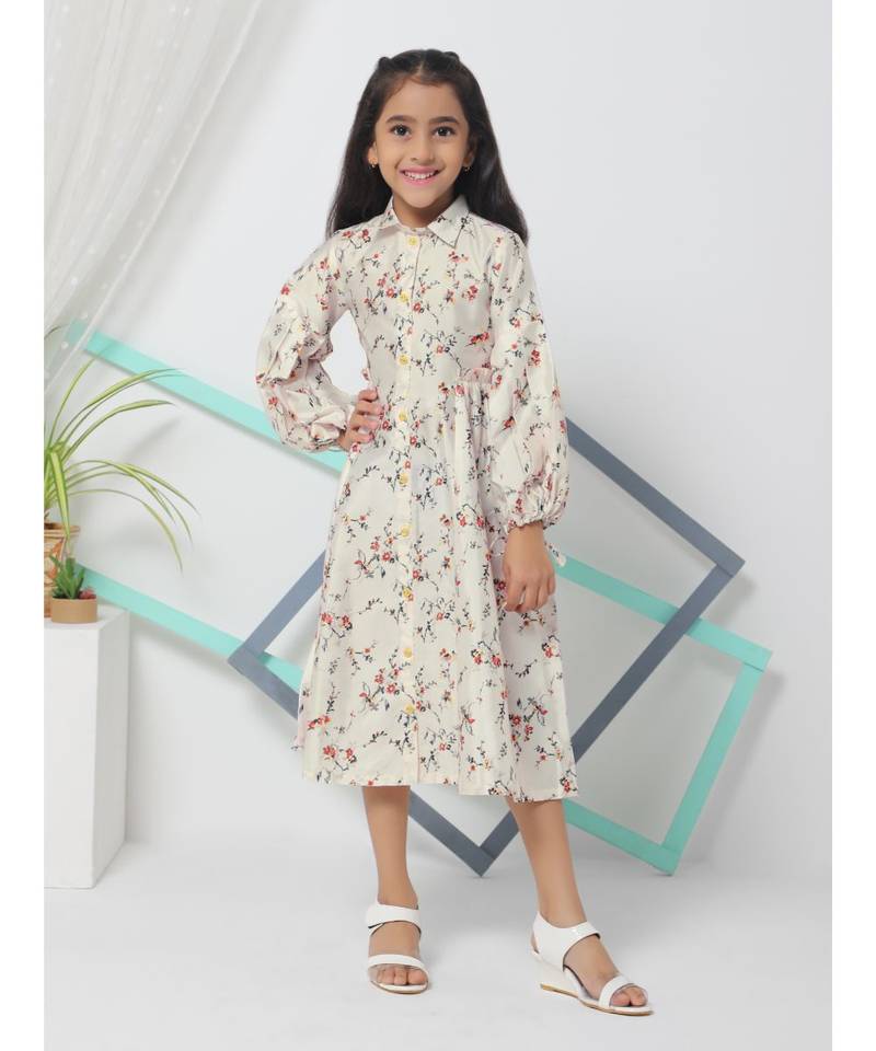 High Neck Collared Multi Color Midi Dress for Girls