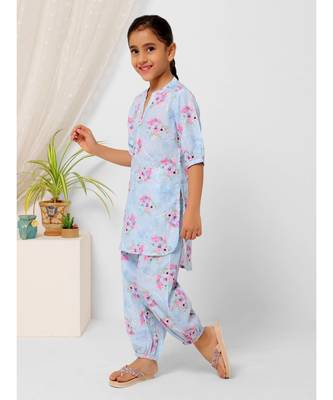 Blue Floral Kurta Set for Girls 2