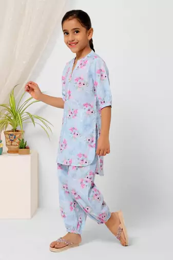 Blue Floral Kurta Set for Girls