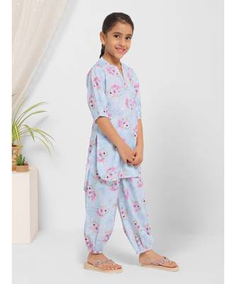Blue Floral Kurta Set for Girls 3