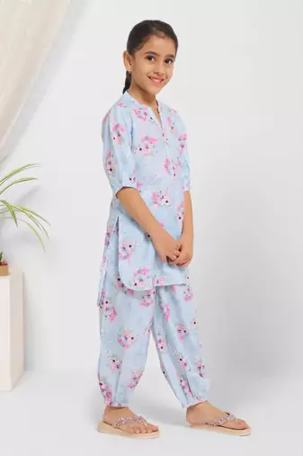 Blue Floral Kurta Set for Girls