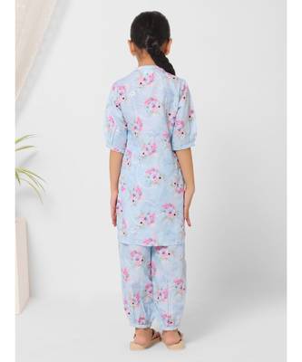 Blue Floral Kurta Set for Girls 4