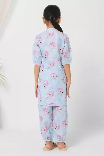 Blue Floral Kurta Set for Girls
