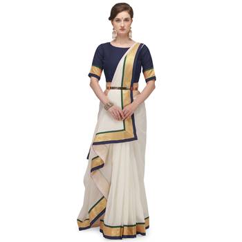 White plain cotton silk saree with blouse 1