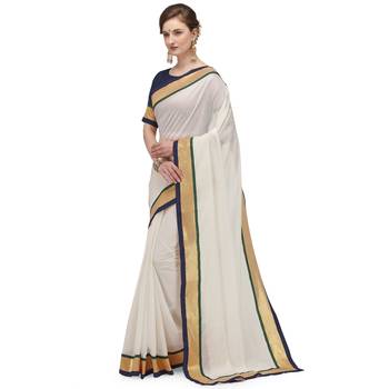 White plain cotton silk saree with blouse 2