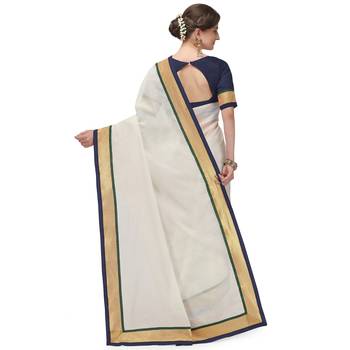 White plain cotton silk saree with blouse 3