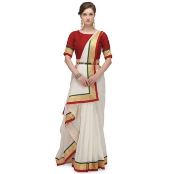 White plain cotton silk saree with blouse 1