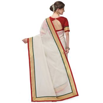 White plain cotton silk saree with blouse 2