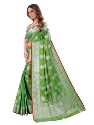 Green woven art silk sarees saree with blouse 4