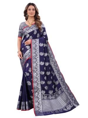 Dark blue woven art silk sarees saree with blouse 1