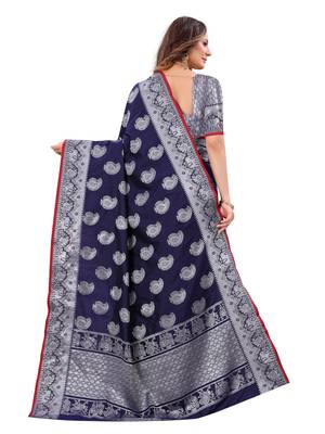 Dark blue woven art silk sarees saree with blouse 2