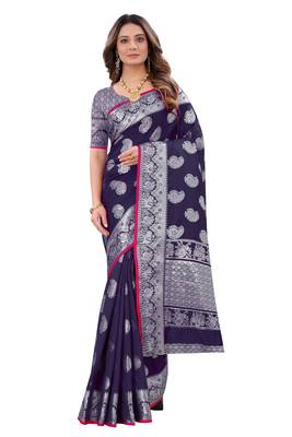 Dark blue woven art silk sarees saree with blouse 3