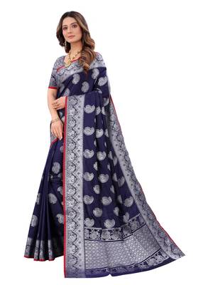 Dark blue woven art silk sarees saree with blouse 4